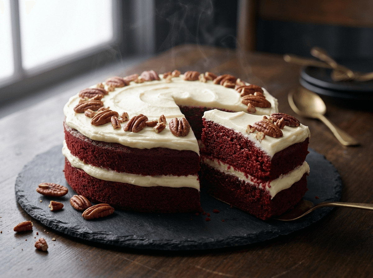 Red Velvet cake — Cream cheese frosting, toasted pecans